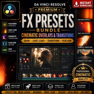 Op de afbeelding: Een digitaal productpakket voor DaVinci Resolve met premium FX-presets, filmische overlays en overgangen. De afbeelding bevat tekstlabels voor filmkorrel, lichtlekken en hoge resolutie, samen met een voorbeeld van videobewerkingssoftware.