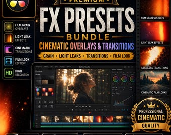 Paquete de ajustes preestablecidos Premium FX para DaVinci Resolve / Paquete de efectos y transiciones cinematográficas / Edición con aspecto de película