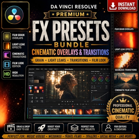 Premium FX Presets Bundle for DaVinci Resolve | Cinematic Effects and Transitions Bundle | Film look Edition