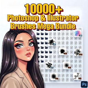 May include: Digital art bundle featuring over 10,000 Photoshop and Illustrator brushes. The image includes a stylized illustration of a woman and a display of brush samples. Text reads "10000+ Photoshop & Illustrator Brushes Mega Bundle."