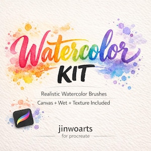 Può includere: Annuncio di un kit di acquerelli digitali. La parola "Watercolor" è scritta in corsivo colorato, con "KIT" in grassetto nero. Include il testo: "Pennelli acquerello realistici, Tela + Bagnato + Texture inclusa". Un'icona dell'app Procreate è in basso a sinistra.