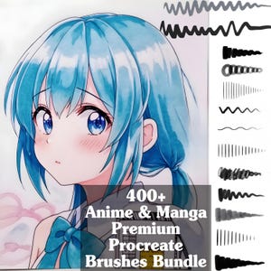 Puede incluir: Ilustración de estilo anime de una chica con cabello y ojos azules. La imagen incluye una variedad de ejemplos de trazos de pincel en blanco y negro. El texto de la imagen dice "400+ Anime & Manga Premium Procreate Brushes Bundle."