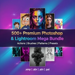 Könnte beinhalten: Werbebild mit einem lila-blauen Farbverlauf im Hintergrund. Es zeigt eine Sammlung digitaler Kunstporträts und Illustrationen. Der Text lautet "500+ Premium Photoshop & Lightroom Mega Bundle" mit Optionen für Aktionen, Pinsel, Muster und Voreinstellungen.