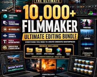 Paquete de más de 10 000 recursos para cineastas: transiciones, LUTs, superposiciones, efectos de sonido y títulos / Compatible con Premiere Pro, After Effects y DaVinci Resolve.
