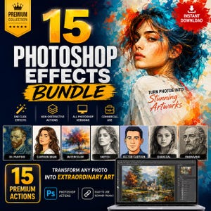 Puede incluir: Un paquete digital de 15 efectos de Photoshop con el retrato de una persona con salpicaduras de pintura de colores. El texto dice 15 Photoshop Effects Bundle, Turn Photos Into Stunning Artworks y Transform Any Photo Into Extraordinary Art.