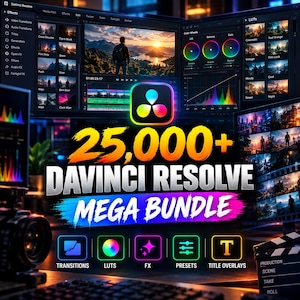 May include: A digital software bundle display featuring the text 25,000+ DAVINCI RESOLVE MEGA BUNDLE. The graphic includes icons for transitions, LUTs, FX, presets, and title overlays, set against a background of video editing software interfaces.