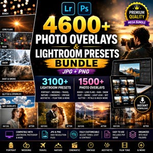 Może przedstawiać: Cyfrowy pakiet ponad 4600 nakładek fotograficznych i presetów Lightroom z etykietami tekstowymi dla efektów bokeh, flary, deszczu, śniegu, kurzu, dymu, brokatu i nieba. Zawiera przykładowe zdjęcia przed i po oraz ikony kompatybilności.