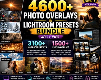 Oltre 4600 preset Lightroom e sovrapposizioni di foto Mega Bundle / Effetti cinematografici, bokeh, riflesso lente, pellicola, matrimonio, neve e pioggia / JPG e PNG