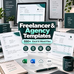 May include: A digital collection of 550+ business templates for freelancers and agencies, featuring documents like invoices, contracts, and project estimates in Excel and Word formats, displayed on a desk with a laptop, a notebook, and a dark green mug.