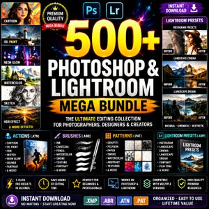 Puede incluir: Un paquete de productos digitales con más de 500 ajustes preestablecidos, acciones, pinceles y patrones para Photoshop y Lightroom. El gráfico muestra varios efectos de edición como dibujos animados, óleo, neón, acuarela, boceto y HDR.