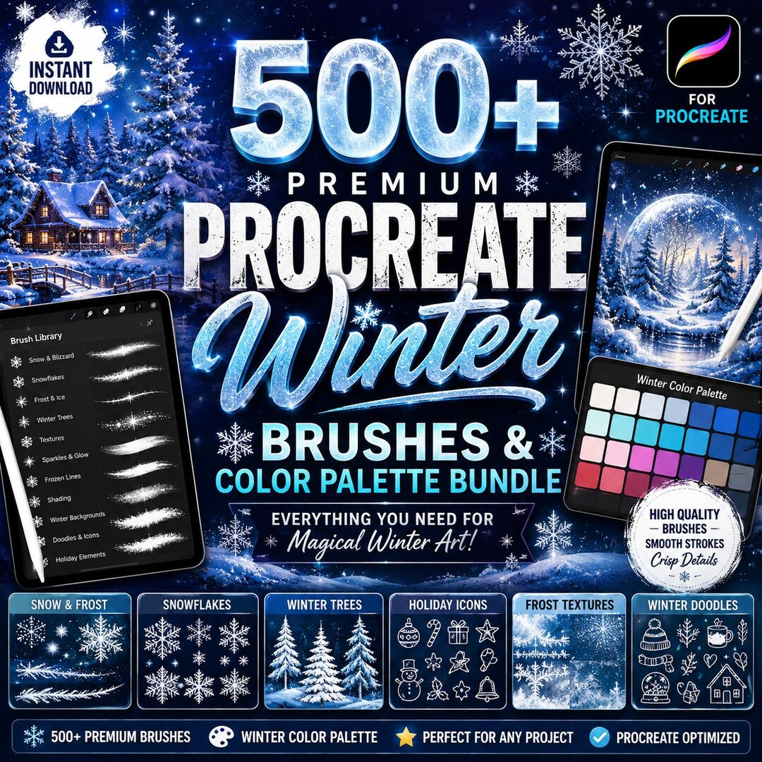 500+ Premium Procreate Winter Brushes Bundle | Snow, Ice, Holiday ...