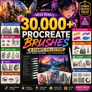 May include: A digital graphic advertisement for a Procreate brush and stamp bundle featuring 30,000 items. The layout displays categories like architecture, anime, floral, and animals, alongside a tablet screen showing a brush library menu.