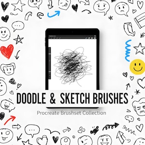 May include: A black tablet displays a black scribble, surrounded by doodle art. The text "DOODLE & SKETCH BRUSHES" is displayed below the tablet, with "Procreate Brushset Collection" underneath.