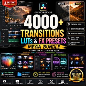 Puede incluir: Un paquete de software digital para DaVinci Resolve que incluye más de 4000 transiciones, LUTs y ajustes preestablecidos de efectos. La imagen muestra etiquetas para estilos cinematográficos, transiciones fluidas y resultados profesionales.