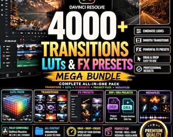 Más de 4000 LUTs de transiciones y preajustes de efectos para DaVinci Resolve / Paquete de corrección de color / Paquete de edición de vídeo sin interrupciones / Paquete de cubos DRP Dra LUT