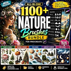 以下が含まれることがあります： Procreate用の1100種類以上の自然ブラシを含むデジタル製品バンドル。髪に花を飾った女性、ブラシライブラリメニューが表示されたタブレット、および「植物と花」、「季節と休日」、「海とビーチ」、「風景要素」、「空と宇宙」という5つのカテゴリパネルが表示されています。