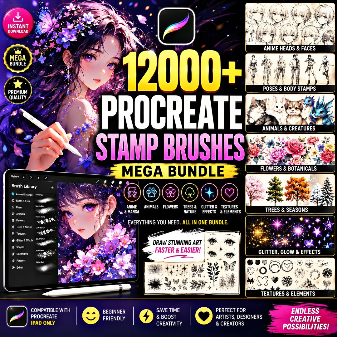 12000+ Procreate Stamp Brushes Mega Bundle | Anime Manga Stamps, Faces ...