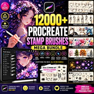May include: A digital collection of 12000+ Procreate stamp brushes featuring anime characters, animal figures, floral patterns, trees, and glitter effects. The bundle includes a tablet interface display and various graphic design elements.