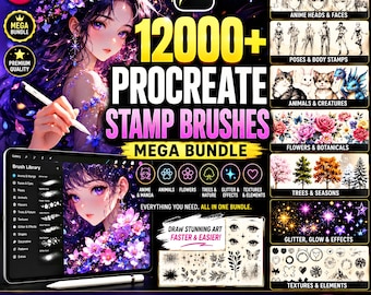 12000+ Procreate Stamp Brushes Mega Bundle | Anime Manga Stamps, Faces Poses, Animals Flowers, Glitter Textures, iPad Procreate Brushes