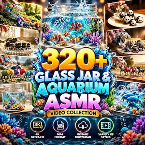 Può includere: Una collezione digitale intitolata 320+ GLASS JAR & AQUARIUM ASMR VIDEO COLLECTION che mostra vari barattoli di vetro riempiti con figurine in miniatura, tra cui pesci pagliaccio, panda, dinosauri, cavalli, delfini e farfalle colorate.