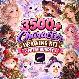 Procreate Charakter-Zeichenset-Mega-Bundle mit über 3500 Stempeln und Pinseln | Fantasy, Chibi, Prinzessin, Anatomie, Posen, Gnome, Kreaturen & viele weitere