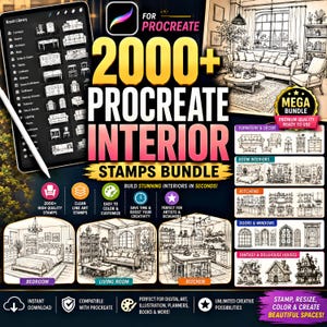 May include: A digital product bundle for Procreate featuring over 2000 interior design stamps. The graphic displays a tablet with a stylus, various line art sketches of furniture, kitchens, and rooms, and text including 2000+ PROCREATE INTERIOR STAMPS BUNDLE.