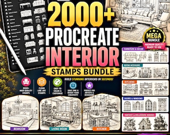 Puede incluir: Un paquete de productos digitales para Procreate con más de 2000 sellos de diseño de interiores. El gráfico muestra una tableta con un lápiz óptico, varios bocetos de muebles, cocinas y habitaciones, y el texto 2000+ PROCREATE INTERIOR STAMPS BUNDLE.