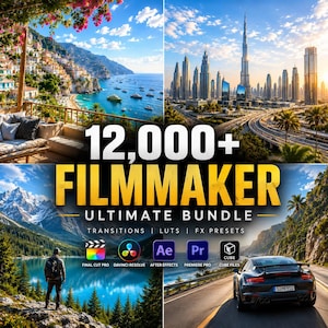 Może przedstawiać: Reklama produktu cyfrowego zatytułowana 12,000+ FILMMAKER ULTIMATE BUNDLE z tekstem dotyczącym przejść, LUT-ów i presetów FX. Zawiera ikony dla Final Cut Pro, DaVinci Resolve, After Effects, Premiere Pro oraz plików CUBE.