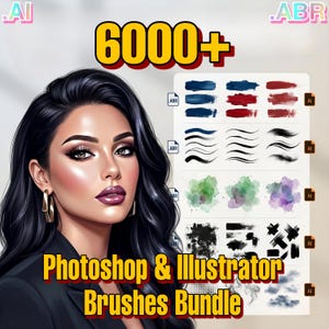 May include: Digital art bundle featuring a woman with dark hair and gold hoop earrings. The image includes a collection of Photoshop and Illustrator brushes, with the text "6000+ Photoshop & Illustrator Brushes Bundle."