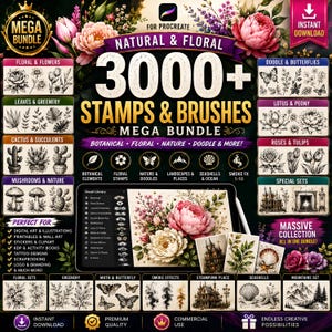 May include: A digital product bundle for Procreate featuring over 3000 botanical, floral, and nature-themed stamps and brushes. The display includes categorized sets of line art illustrations, a tablet screen showing the brush library, and sample artwork.