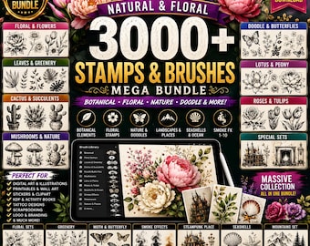 3000+ Procreate Natural and Floral Stamps Brushes Mega Bundle | Botanical, Doodles, Leaves, Flowers, Smoke, Place Sets & Artistic Elements
