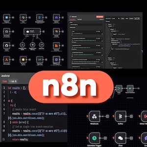 May include: A digital interface for n8n workflow automation software, featuring a central logo, various node-based integration icons like Telegram and Slack, a data mapping configuration panel, and a JavaScript code editor window on a dark background.