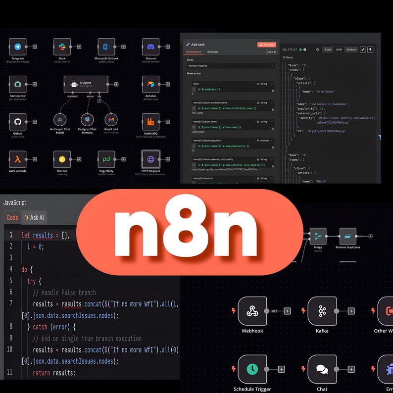 May include: A digital interface for n8n workflow automation software, featuring a central logo, various node-based integration icons like Telegram and Slack, a data mapping configuration panel, and a JavaScript code editor window on a dark background.