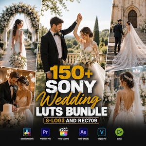 Può includere: Una pubblicità per un pacchetto di 150+ LUT per matrimoni Sony, compatibile con S-LOG3 e REC709. La grafica mostra diverse scene di matrimonio con coppie in abiti formali e include icone per vari software di montaggio video professionali.