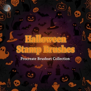 May include: A digital art graphic featuring Halloween-themed stamp brushes. The design includes orange pumpkins, bats, cats, ghosts, witch hats, and skulls on a dark purple background. Text reads "Halloween Stamp Brushes" and "Procreate Brushset Collection."