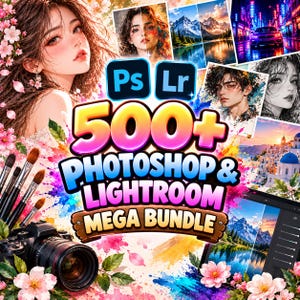 May include: A digital product bundle featuring the text 500+ PHOTOSHOP & LIGHTROOM MEGA BUNDLE, surrounded by artistic portraits, landscape photography, a DSLR camera, paintbrushes, and pink cherry blossoms on a colorful paint-splattered background.
