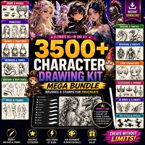 Mega Bundle del kit di disegno di personaggi Procreate con oltre 3500 disegni / Fantasy, Chibi, Principessa, Anatomia, Pose, Gnomi, Creature e molti altri timbri e pennelli