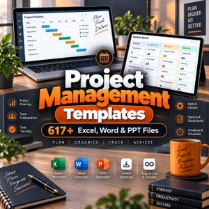Può includere: Un pacchetto di prodotti digitali con modelli di gestione progetti che include oltre 617 file Excel, Word e PPT. Lo schermo mostra un portatile e un tablet con cronoprogrammi e bacheche Kanban, accanto a una tazza arancione e un taccuino con il testo Ideas Plans Progress Success.