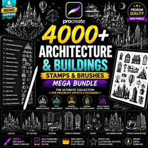 Könnte beinhalten: Eine digitale Grafikwerbung für eine Procreate-Pinselbibliothek mit über 4000 Architektur- und Gebäudestempeln. Der schwarze Hintergrund zeigt weiße Strichzeichnungen von Schlössern, Stadtansichten, Innenräumen und Pflanzen.