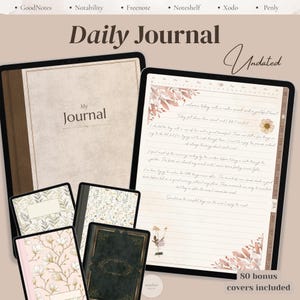 Könnte beinhalten: Ein digitaler Tagesplaner mit einem beigen Einband mit der Aufschrift My Journal, einer offenen Seite mit linierten Blättern und Blumenakzenten sowie vier kleineren Einbandoptionen mit Blumenmustern und einem dunkelgrünen Design.