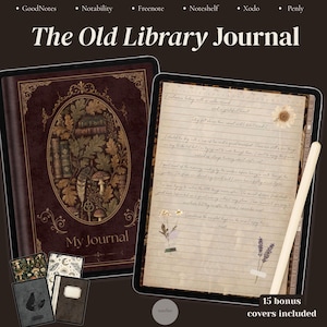 Puede incluir: Un diario digital titulado The Old Library Journal con una cubierta marrón oscuro que presenta una ilustración ovalada de libros, hojas, setas y una llave. La página interior muestra papel rayado con texto escrito a mano y pegatinas florales, además de un lápiz óptico.