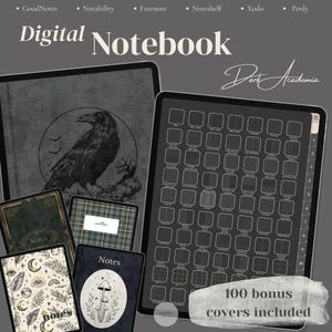 May include: Digital notebook with a dark academia theme. The image shows several digital notebooks with different covers, including a raven illustration, celestial designs, and a mushroom graphic. The text "Digital Notebook" and "Dark Academia" are visible. Includes 100 bonus covers.