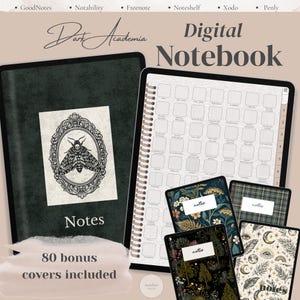 May include: Digital notebook with a dark academia theme. The cover features a moth illustration within an ornate frame. Includes 80 bonus covers. The words "Digital Notebook" and "Notes" are visible.