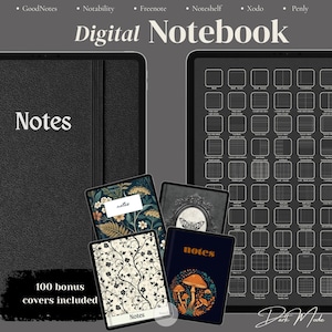 Könnte beinhalten: Digitales Notizbuch mit verschiedenen Cover-Designs, darunter Blumen- und Pilzillustrationen. Das Bild zeigt ein digitales Notizbuch mit dem Wort "Notes" auf dem Cover und dem Text "100 bonus covers included". Der Hintergrund zeigt verschiedene Seitenlayouts.
