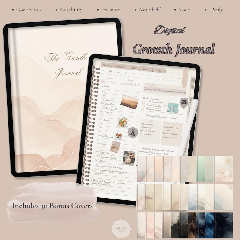 Digital Planner Growth Journal for iPad and tablet, neutral beige aesthetic self-improvement planner with daily reflection pages, goals, habits, and bonus journal covers, compatible with GoodNotes and Notability and other note taking apps