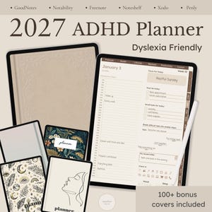 Può includere: Un'agenda digitale ADHD 2027 con layout adatto alla dislessia, che include programma giornaliero, liste di cose da fare e schede per finanze e salute. Include uno stilo e diverse copertine con motivi floreali, celestiali e lineari.