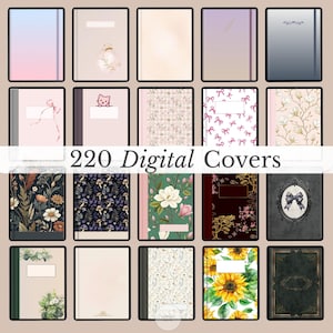 May include: A collection of 220 digital covers for notebooks or planners, displayed in a grid. The designs feature various patterns including floral prints, sunflowers, mushrooms, bows, cats, and solid gradients with blank labels for customization.