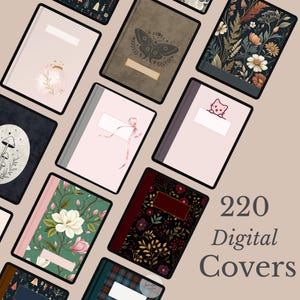 May include: A collection of 220 digital covers featuring various designs including floral patterns, a moth illustration, a cat graphic, a pink ribbon, and mushroom motifs. Each cover includes a rectangular label area for text customization.