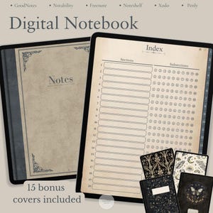 Puede incluir: Un cuaderno digital que muestra una portada beige con el texto Notes y una página con un índice de secciones y subsecciones. La interfaz incluye pestañas para GoodNotes, Notability, Freenote, Noteshelf, Xodo y Penly. Incluye 15 portadas adicionales.
