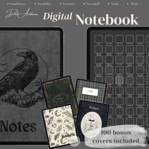 May include: Digital notebook with a dark academia theme. The image shows a tablet with a raven illustration and the word "Notes". Additional covers feature celestial and botanical designs. The text "100 bonus covers included" is also visible.